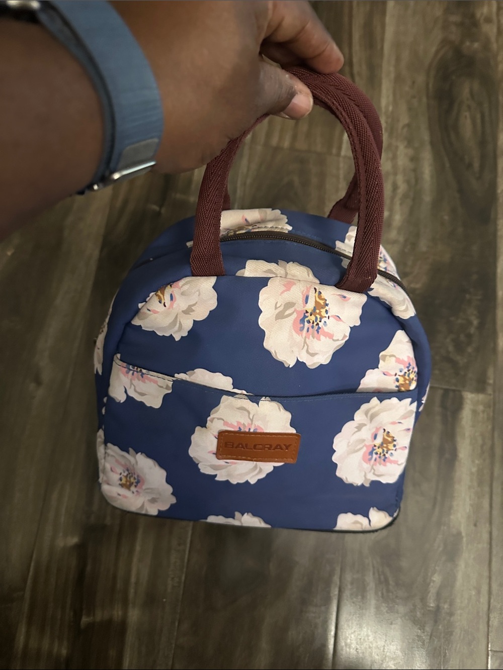 Balcray Insulated Lunch Tote Bag Cooler Blue with Pink Flowers, Brown Name Tag